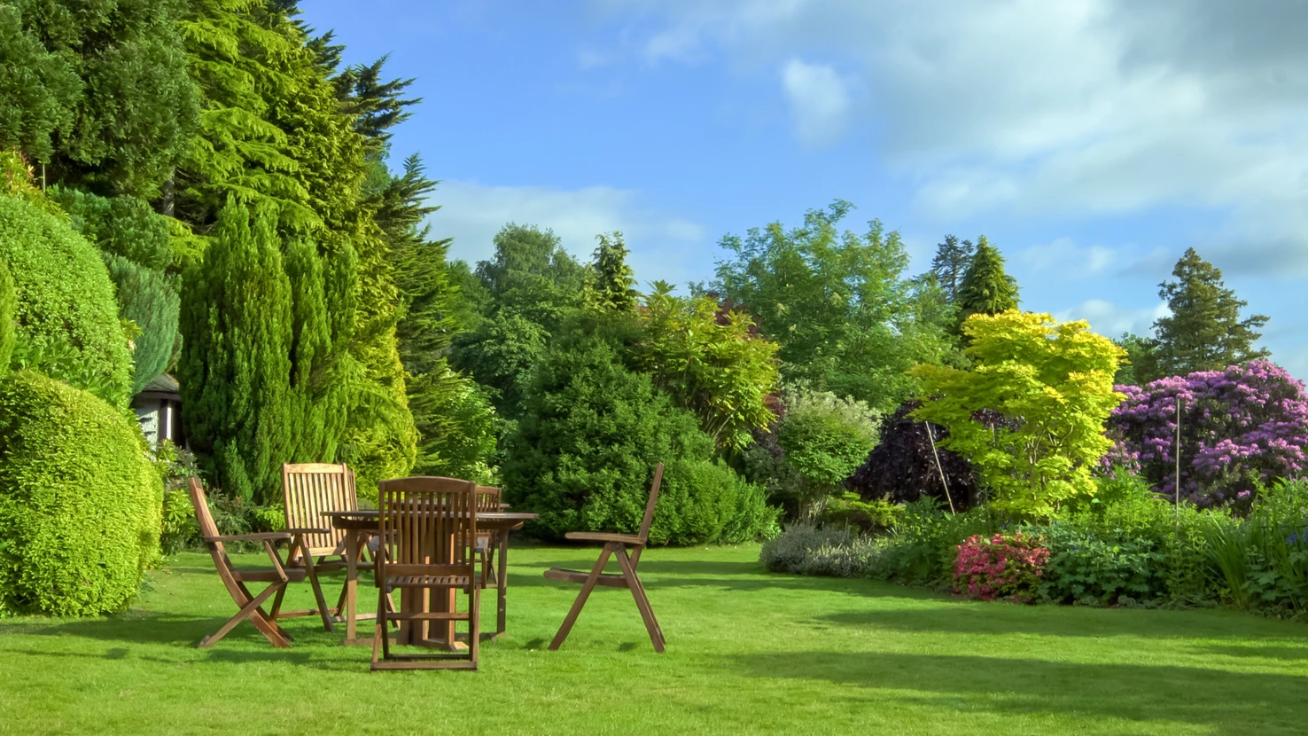 Jardin paysager avec mobilier de terrasse en teck, pelouse entretenue, massifs d'arbustes à fleurs roses et violettes, conifères taillés, haie végétale dense