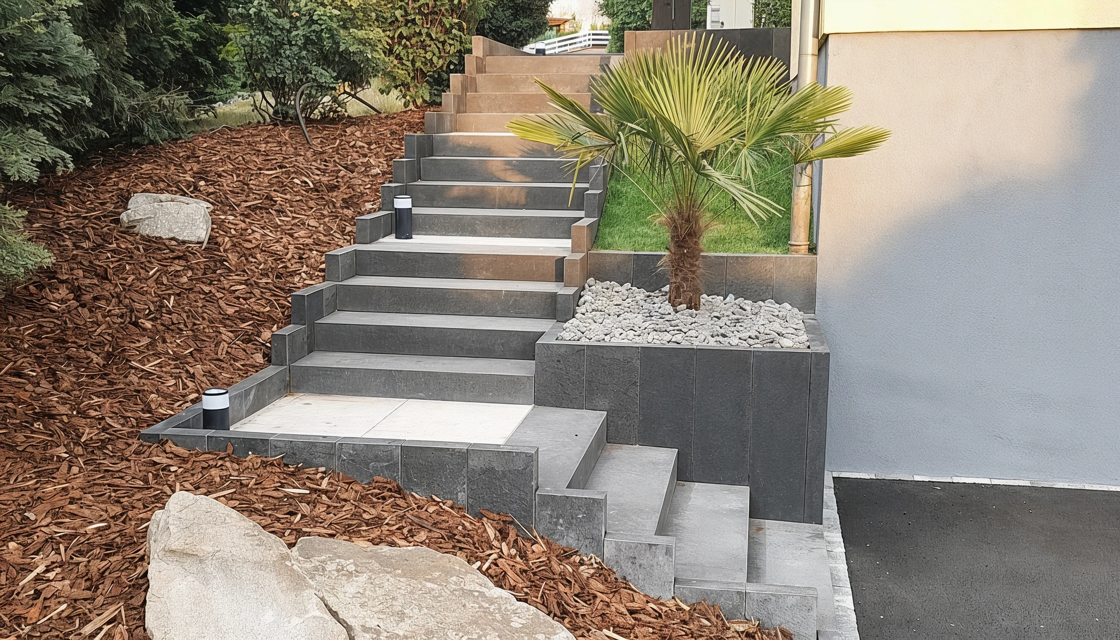 Escalier extérieur moderne menant à un bâtiment commercial contemporain avec façade blanche