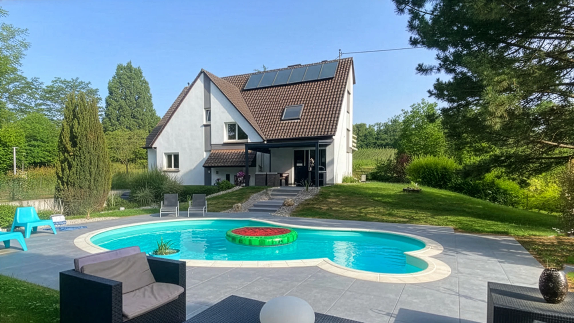 Jardin contemporain sur toit-terrasse avec bassins d'eau int&eacute;gr&eacute;s dans structure bois exotique
